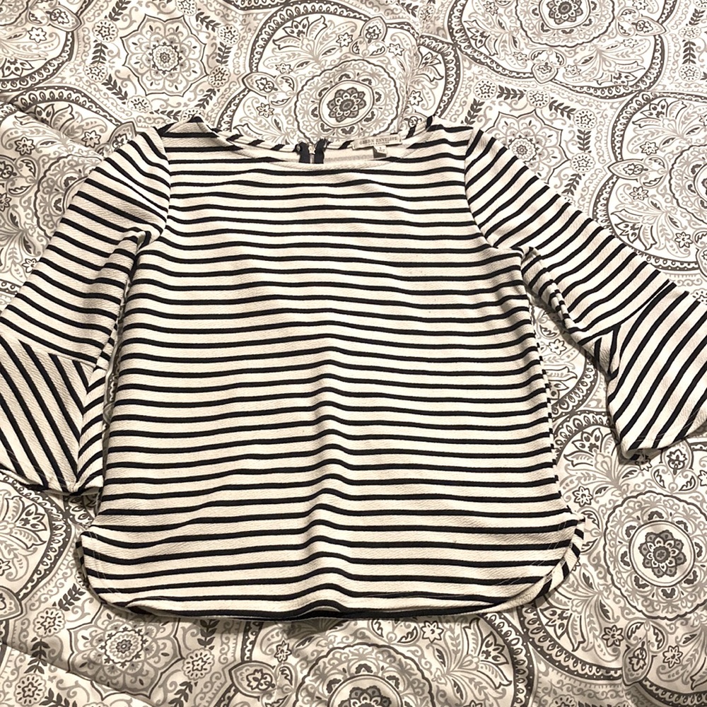 Green Envelope. Navy and white striped. Size small 3/4 sleeve top.